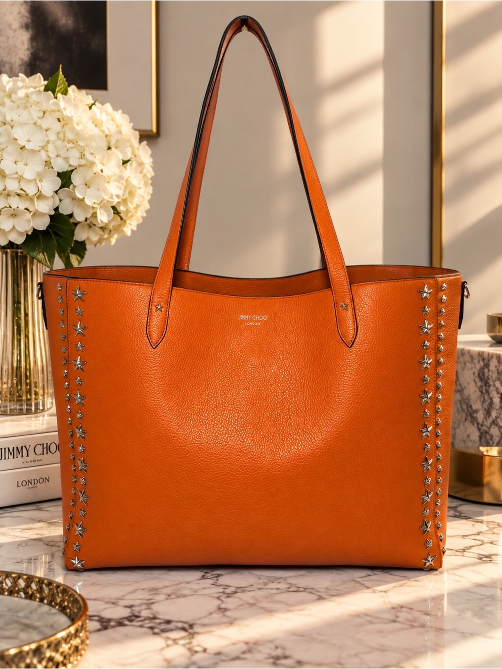 Jimmy Choo Large Orange Leather Star Studded Tote Made in Italy